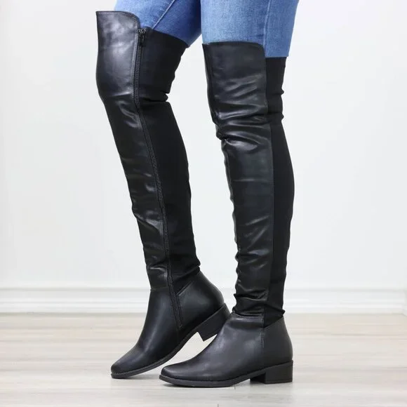 Low Heel Thigh High Boots Over The Knee Faux Leather & Stretchy Material Mix - Picture 6 of 15